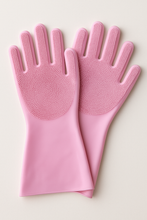 Load image into Gallery viewer, Pink silicone dog bathing gloves with soft bristle palms for grooming, scrubbing, and fast pet washing.