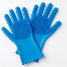 Load image into Gallery viewer, Pair of blue silicone dog grooming gloves with textured bristles for shedding, bathing, and pet hair removal.