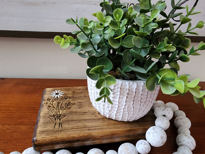 engraved riser, wooden display, daisy engraved riser, trivet riser, reclaimed wood riser, rustic wooden riser, farmhouse decor